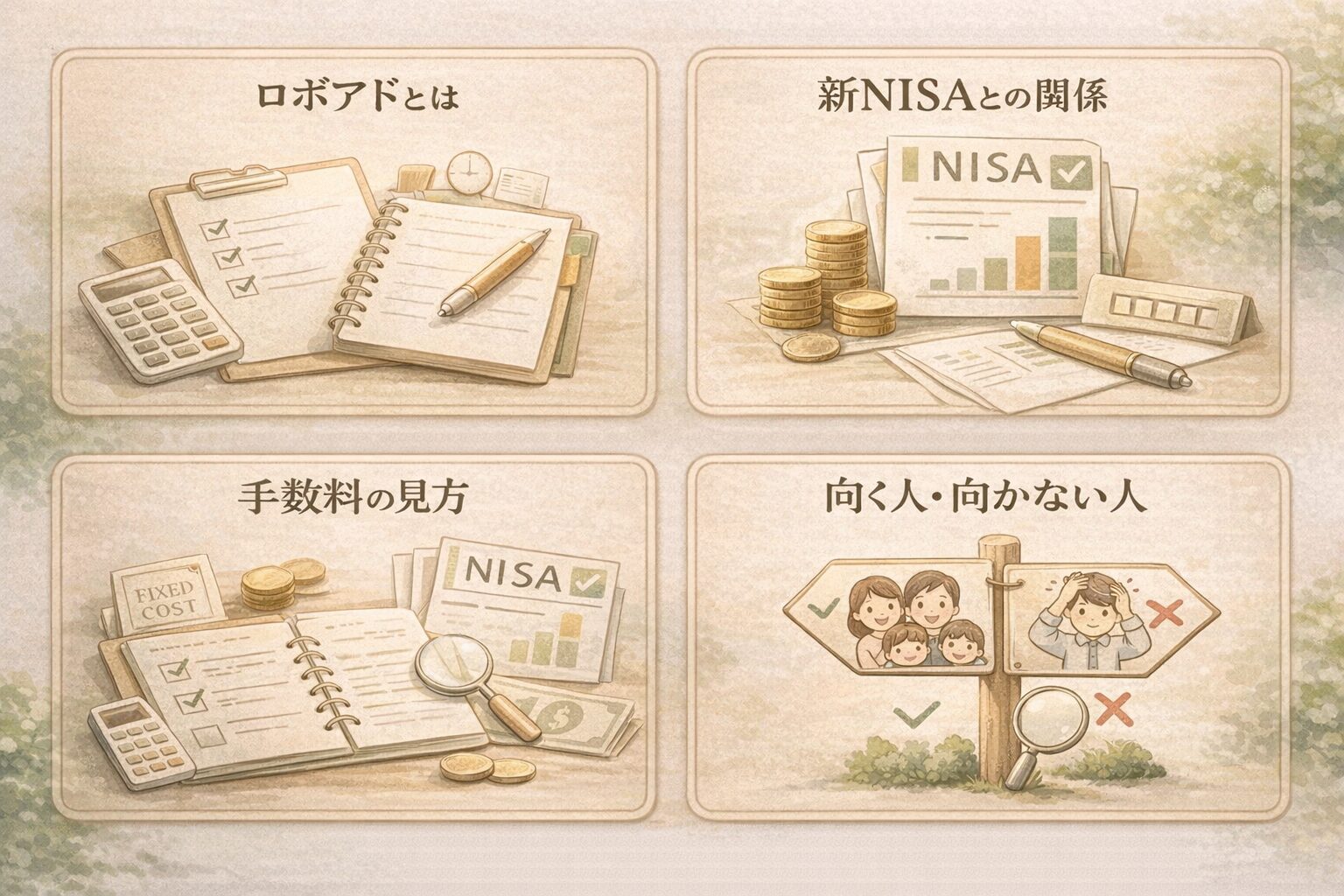 ロボアドを判断するための4つの視点の図解